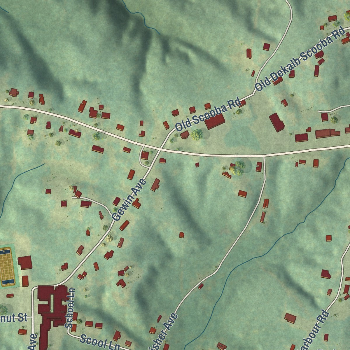 Close-up of the map of De Kalb, Mississippi print showing street and building detail