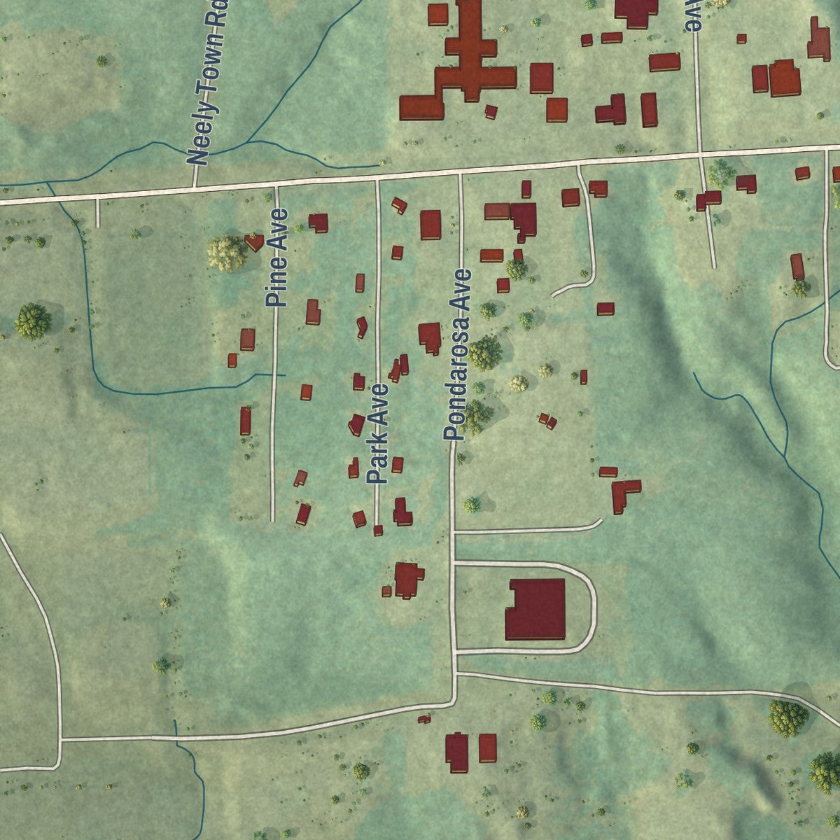 Second close-up of the map of De Kalb, Mississippi print showing more streets and buildings