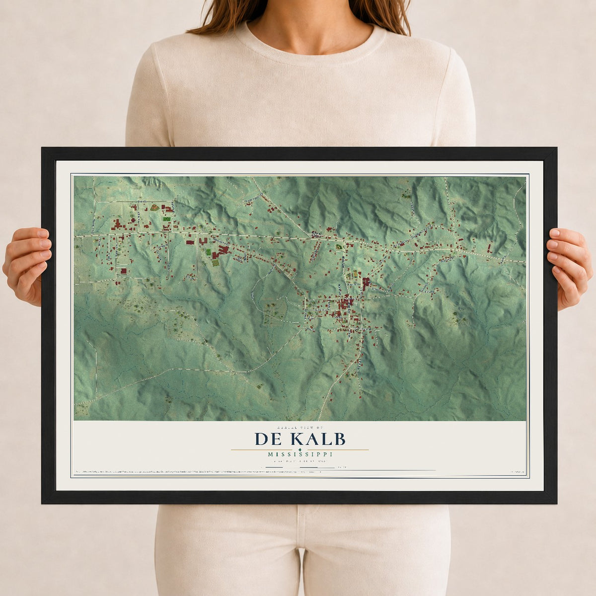 Map of De Kalb, Mississippi, 12 x 18 inch print in a black wood frame