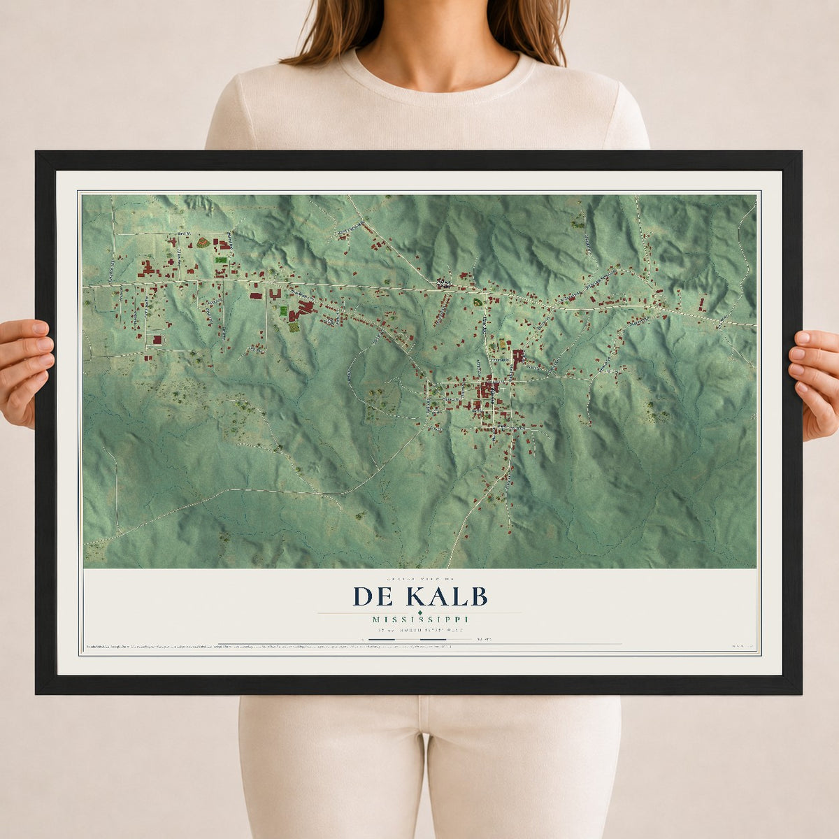 Map of De Kalb, Mississippi, 18 x 24 inch print in a black wood frame