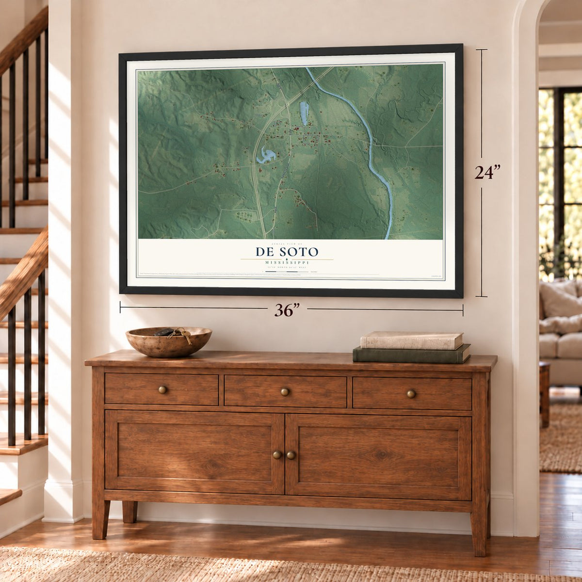 De Soto, Mississippi map, 24 x 36 inch print in a black frame above a dresser by a staircase