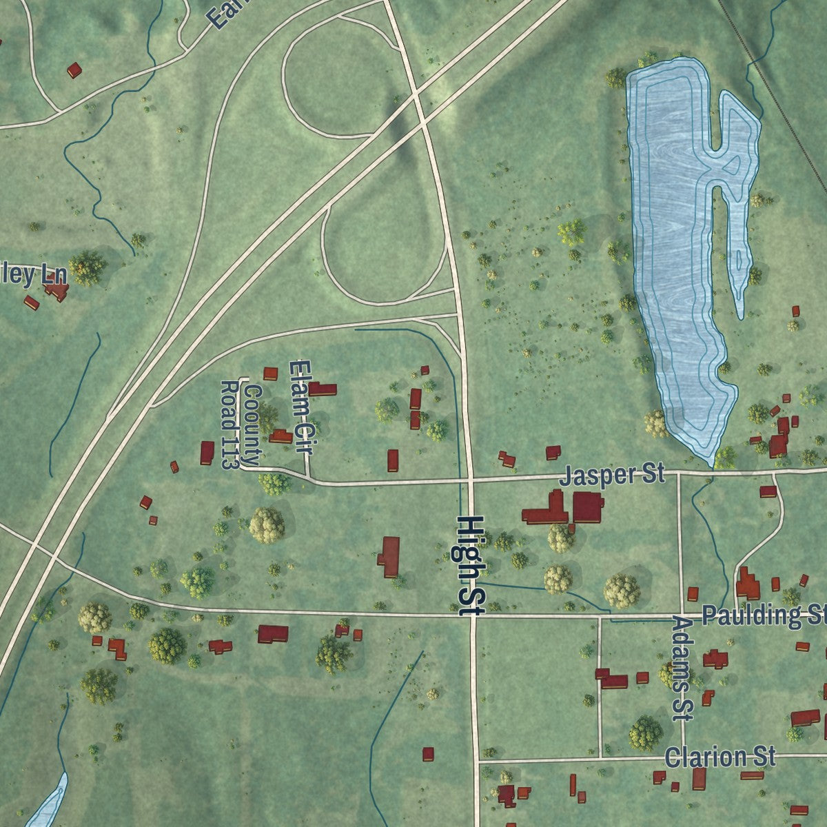 Close-up of the map of De Soto, Mississippi print showing street and building detail