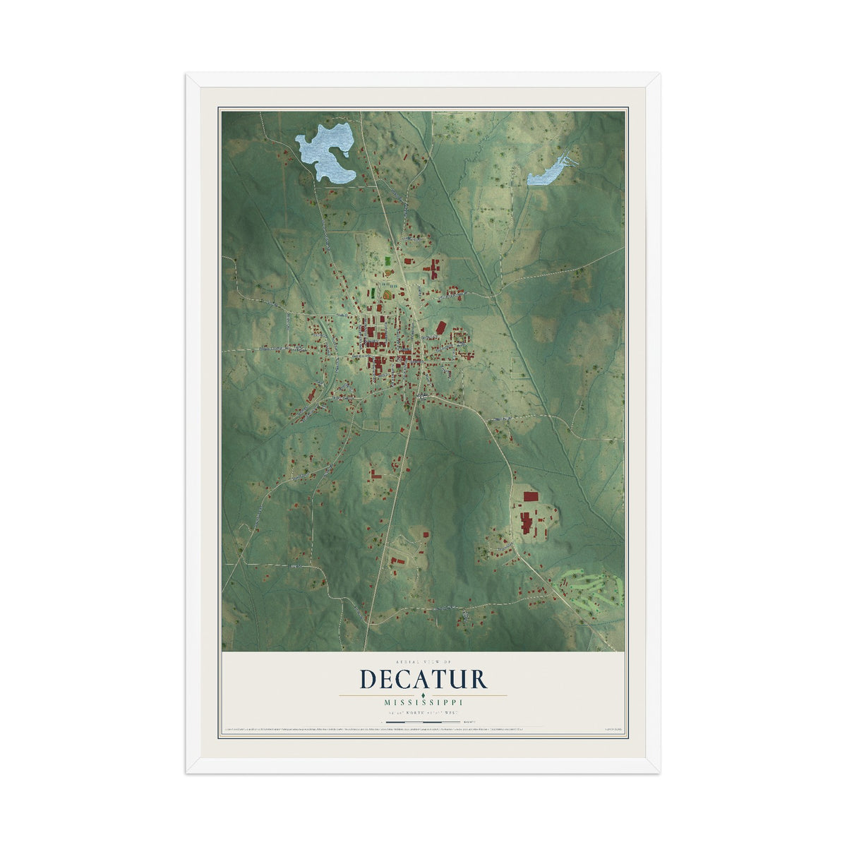 Map of Decatur, Mississippi, 12 x 18 inch print in a white wood frame