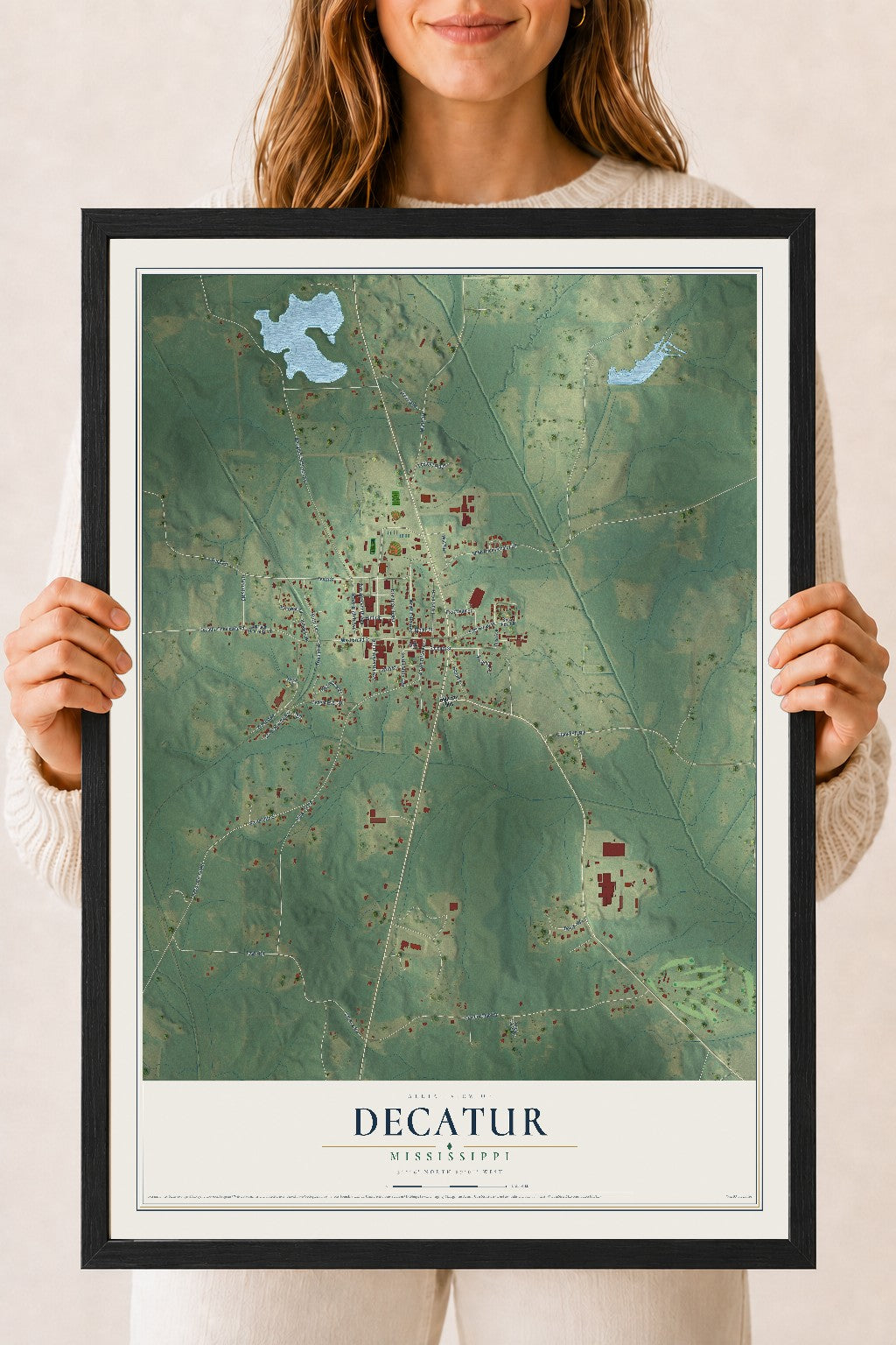 Map of Decatur, Mississippi, 18 x 24 inch print in a black wood frame