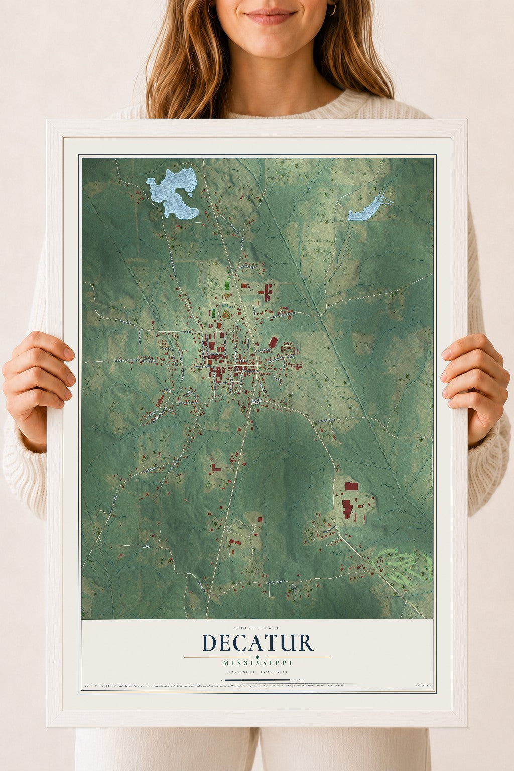 Map of Decatur, Mississippi, 18 x 24 inch print in a white wood frame