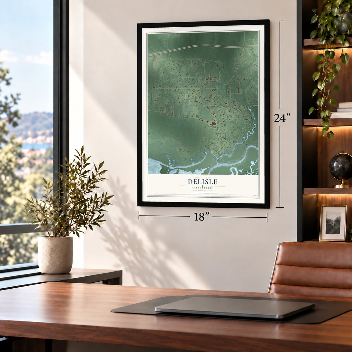 DeLisle, Mississippi map, 18 x 24 inch print in a black frame in a home office
