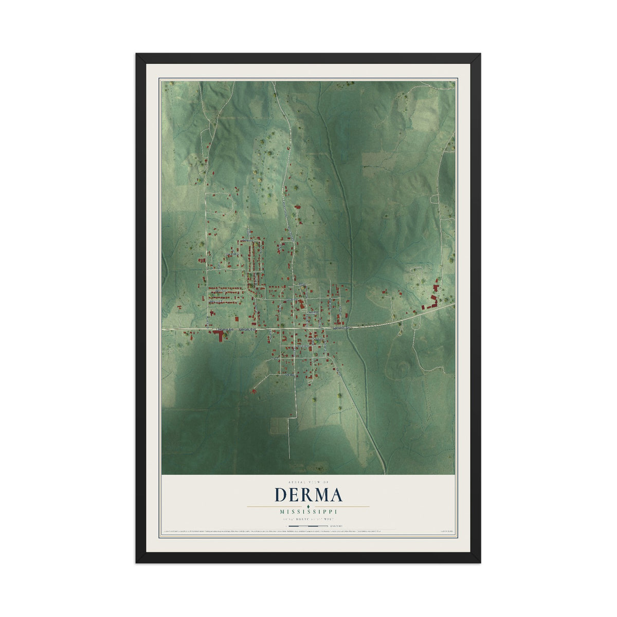 Map of Derma, Mississippi, 12 x 18 inch print in a black wood frame