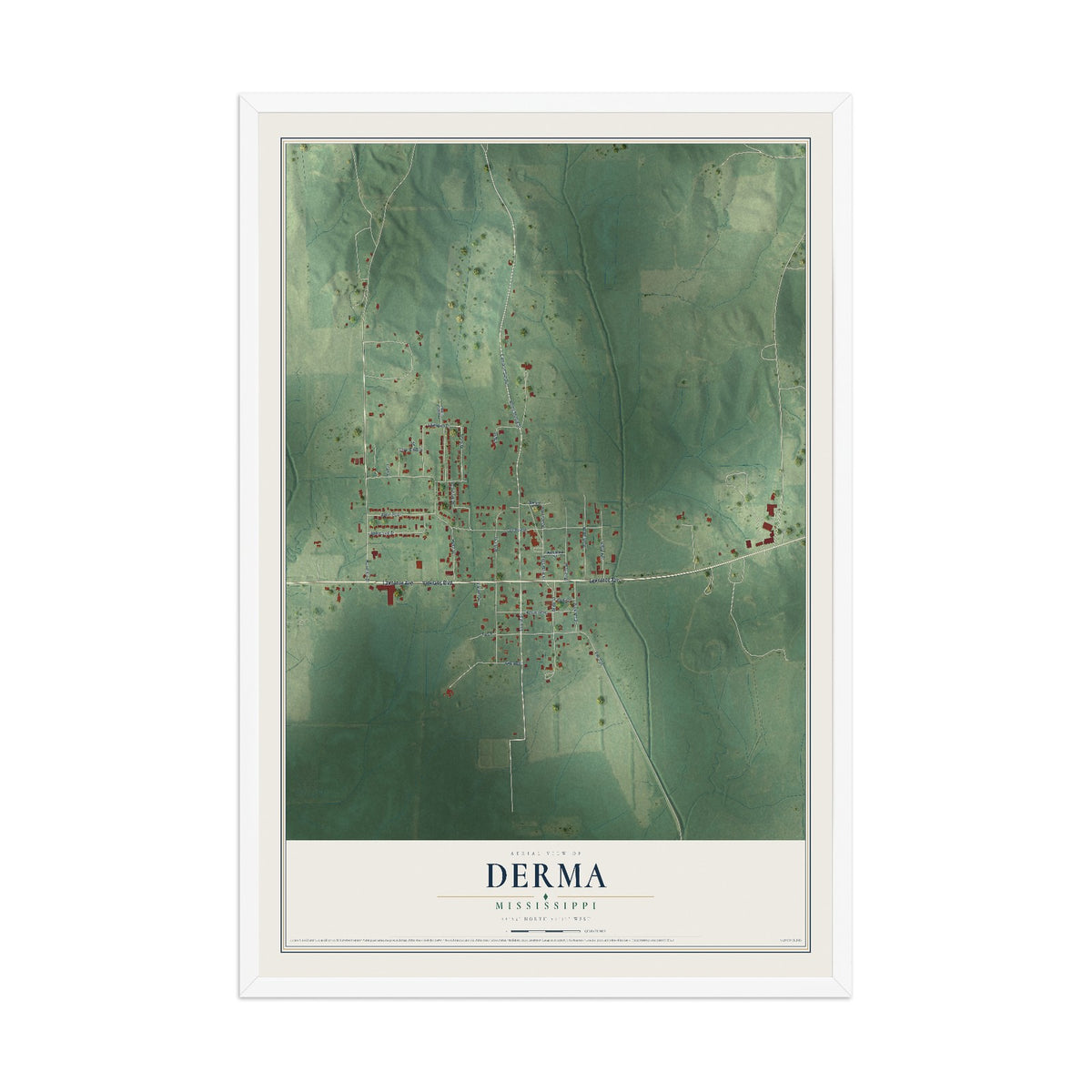 Map of Derma, Mississippi, 12 x 18 inch print in a white wood frame