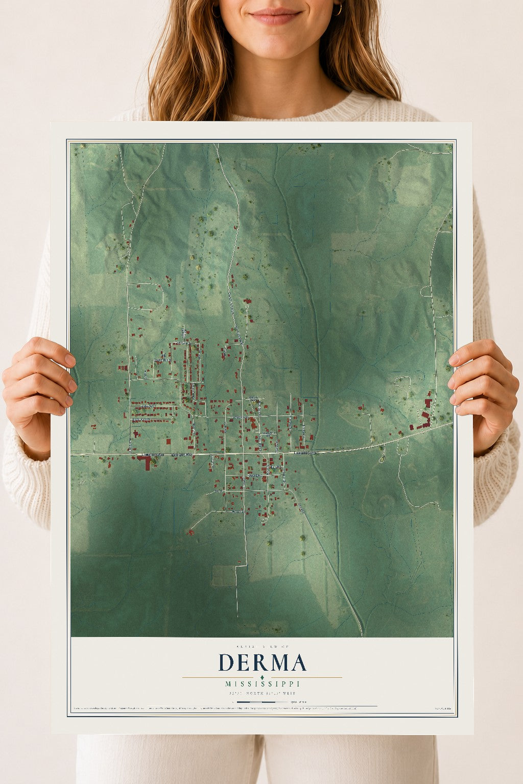 Map of Derma, Mississippi, 18 x 24 inch unframed archival matte print