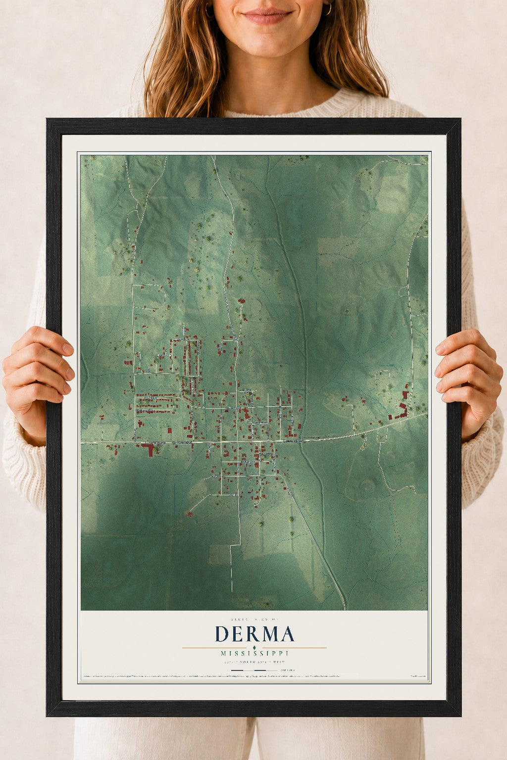 Map of Derma, Mississippi, 18 x 24 inch print in a black wood frame
