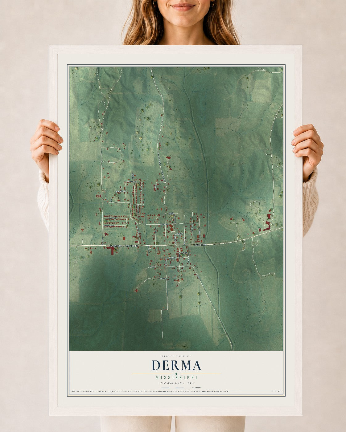 Map of Derma, Mississippi, 24 x 36 inch print in a white wood frame