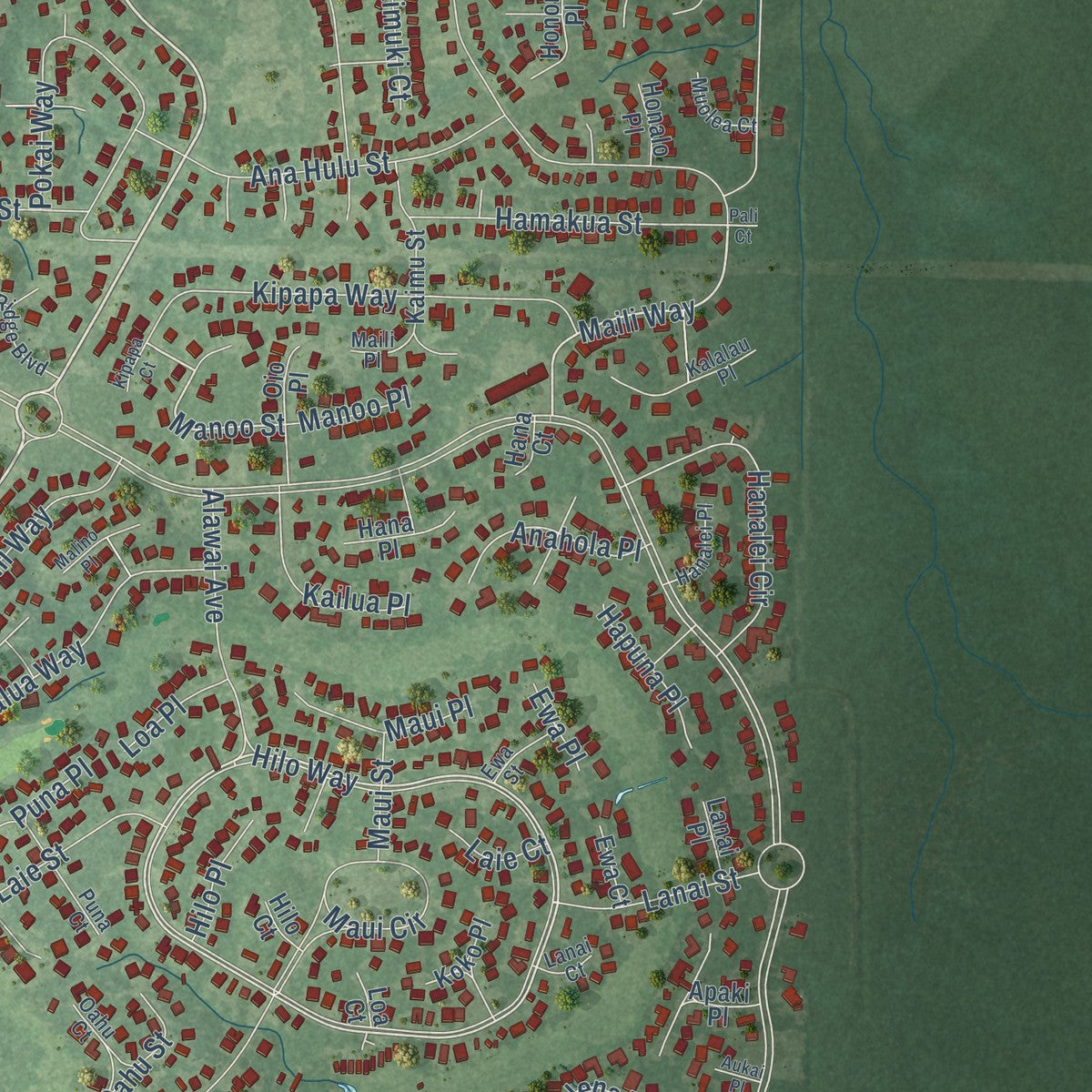 Second close-up of the map of Diamondhead, Mississippi print showing more streets and buildings