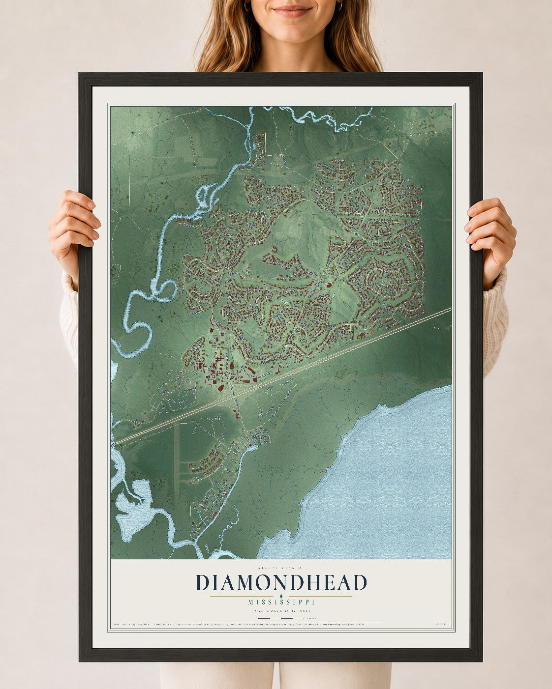 Map of Diamondhead, Mississippi, 24 x 36 inch print in a black wood frame