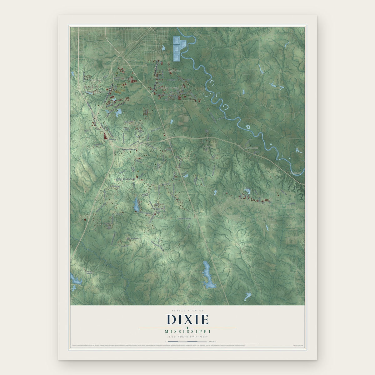 Dixie, Mississippi map print, the full design