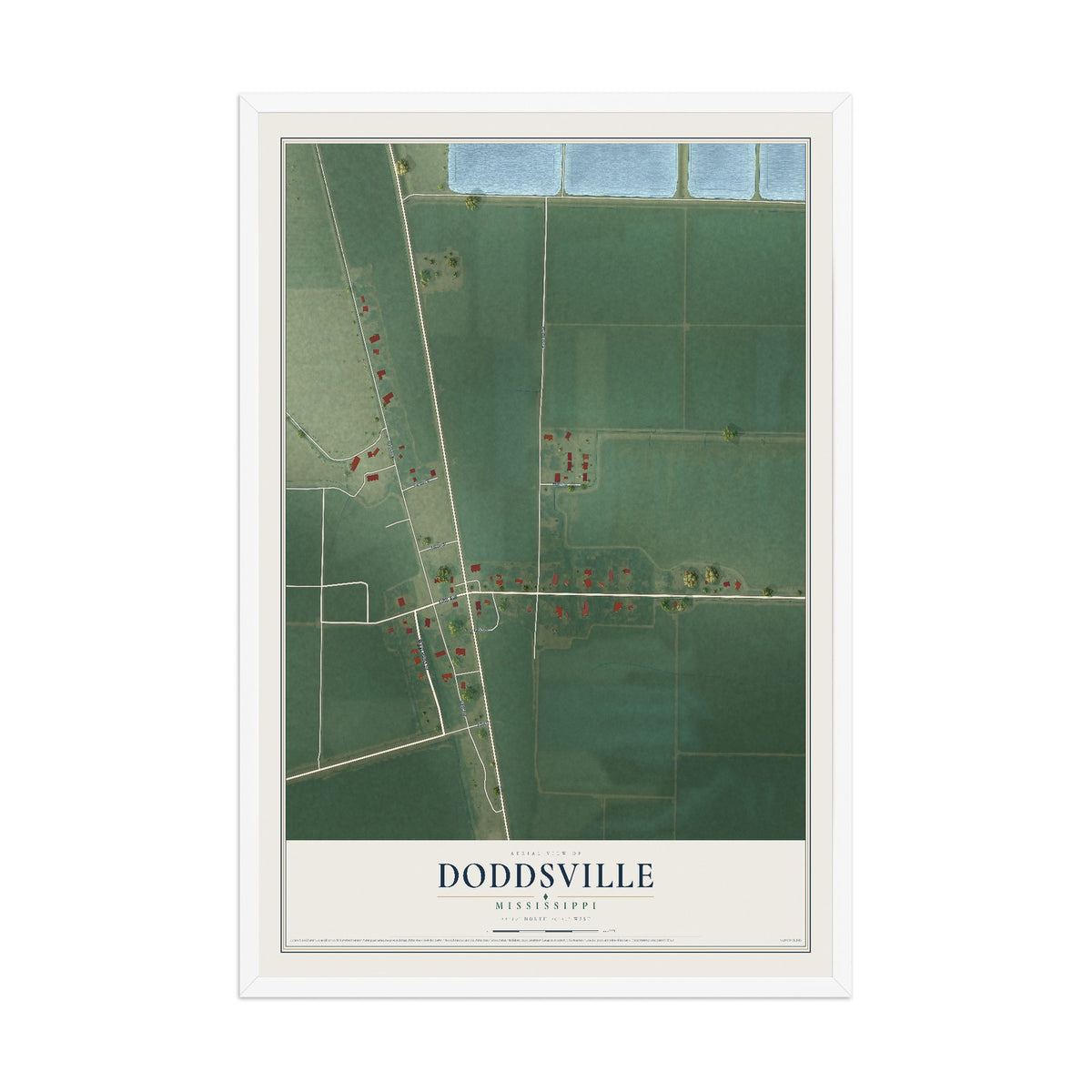 Map of Doddsville, Mississippi, 12 x 18 inch print in a white wood frame