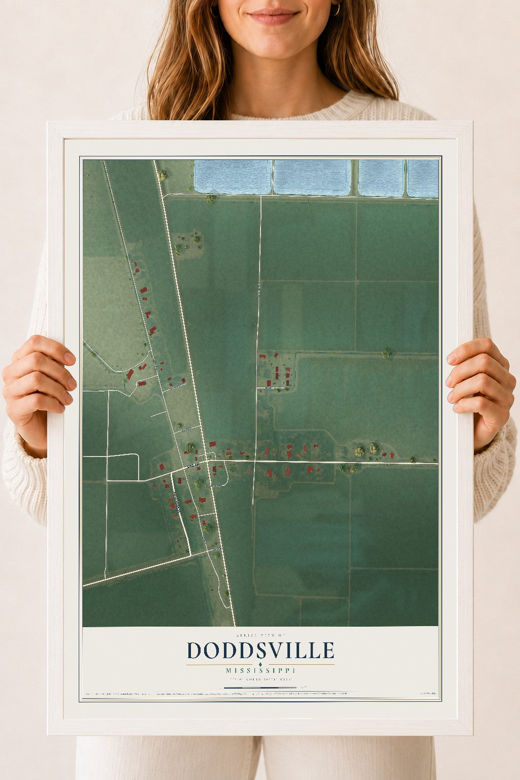 Map of Doddsville, Mississippi, 18 x 24 inch print in a white wood frame