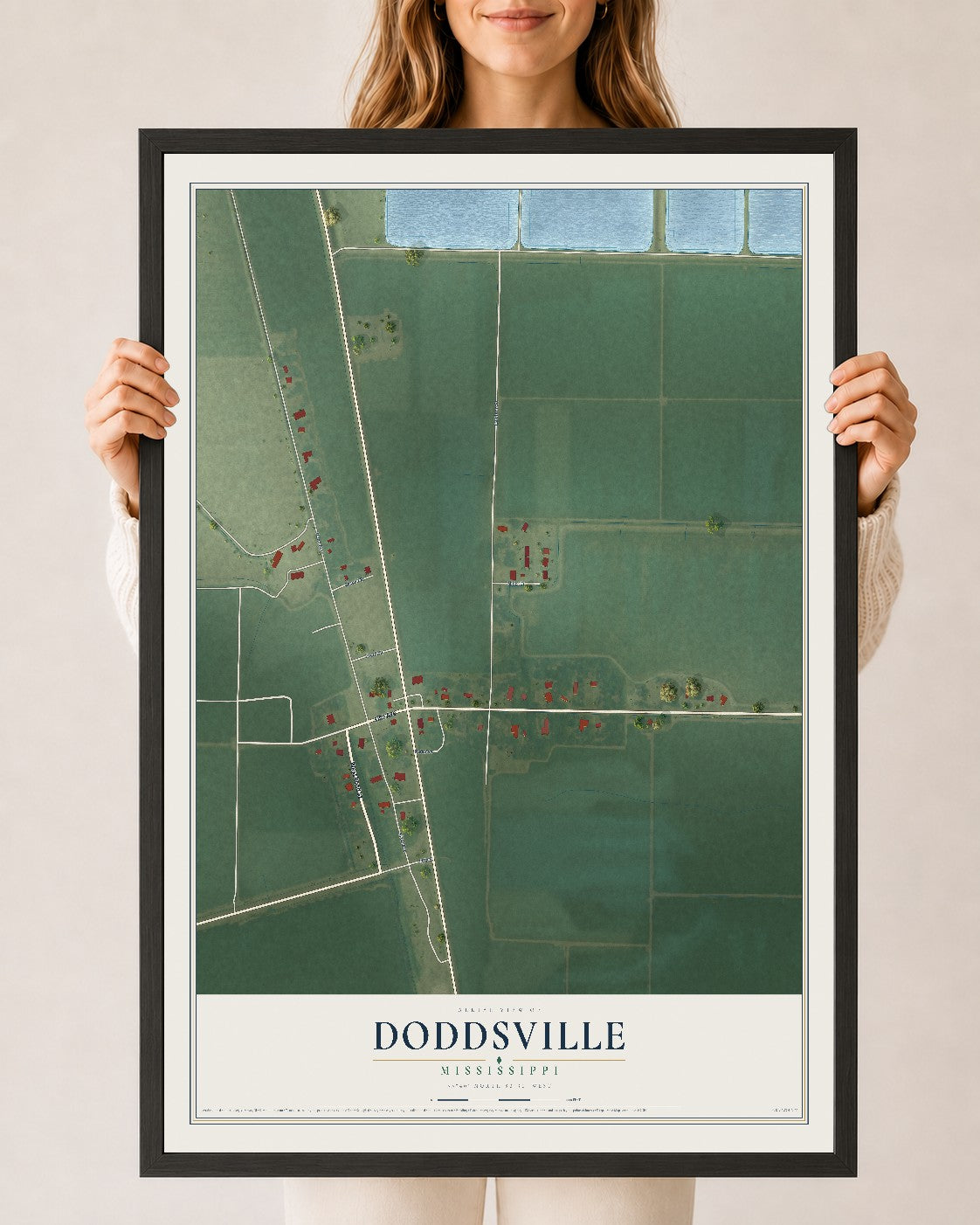 Map of Doddsville, Mississippi, 24 x 36 inch print in a black wood frame