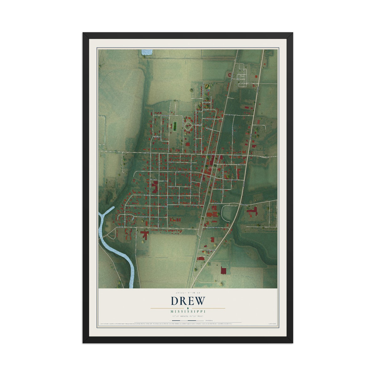 Map of Drew, Mississippi, 12 x 18 inch print in a black wood frame