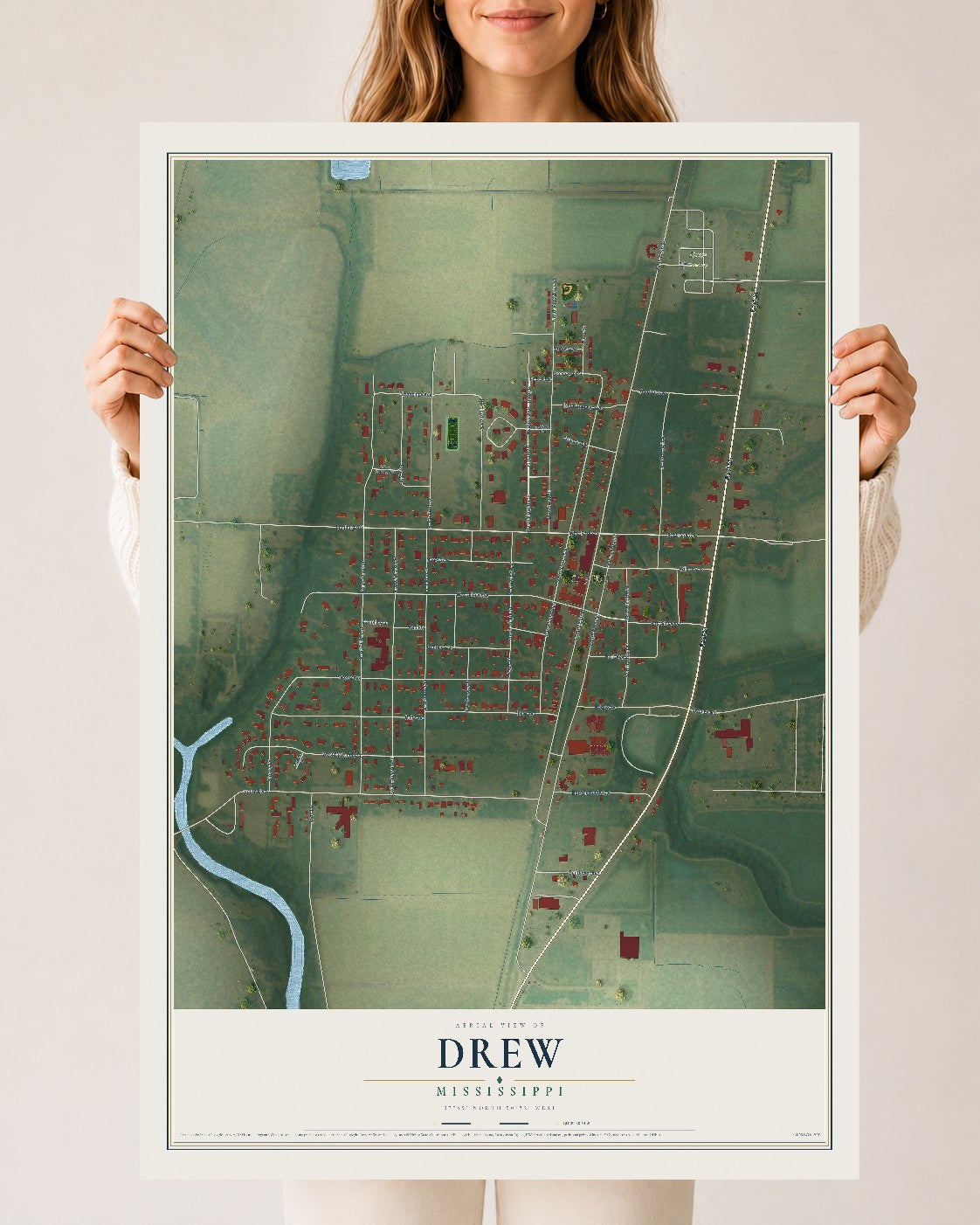 Map of Drew, Mississippi, 24 x 36 inch unframed archival matte print