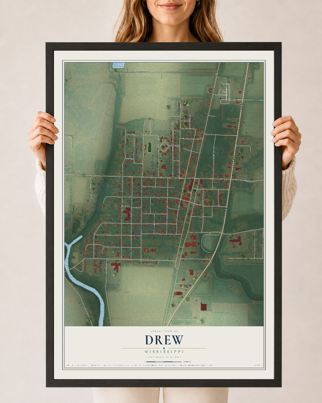 Map of Drew, Mississippi, 24 x 36 inch print in a black wood frame