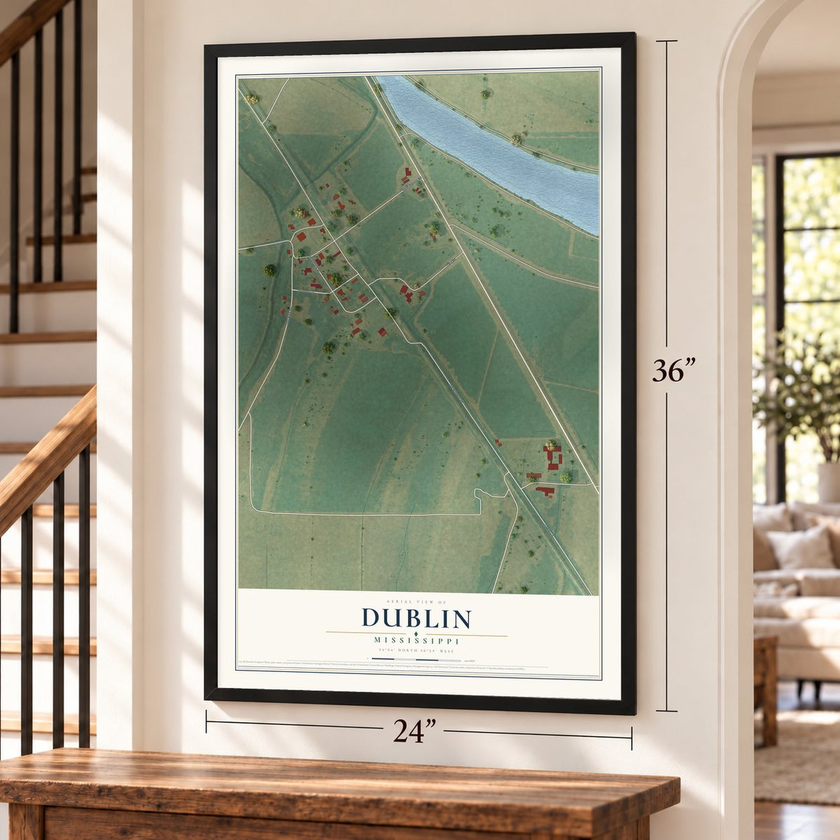 Dublin, Mississippi map, 24 x 36 inch print in a black frame by a staircase