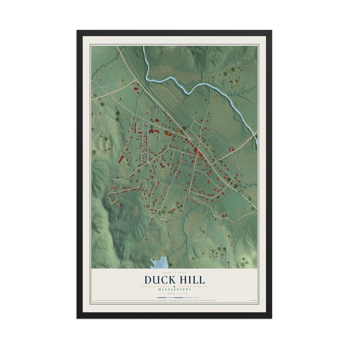 Map of Duck Hill, Mississippi, 12 x 18 inch print in a black wood frame