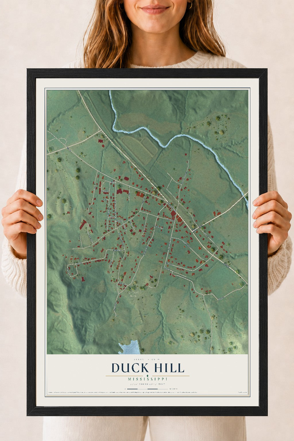 Map of Duck Hill, Mississippi, 18 x 24 inch print in a black wood frame