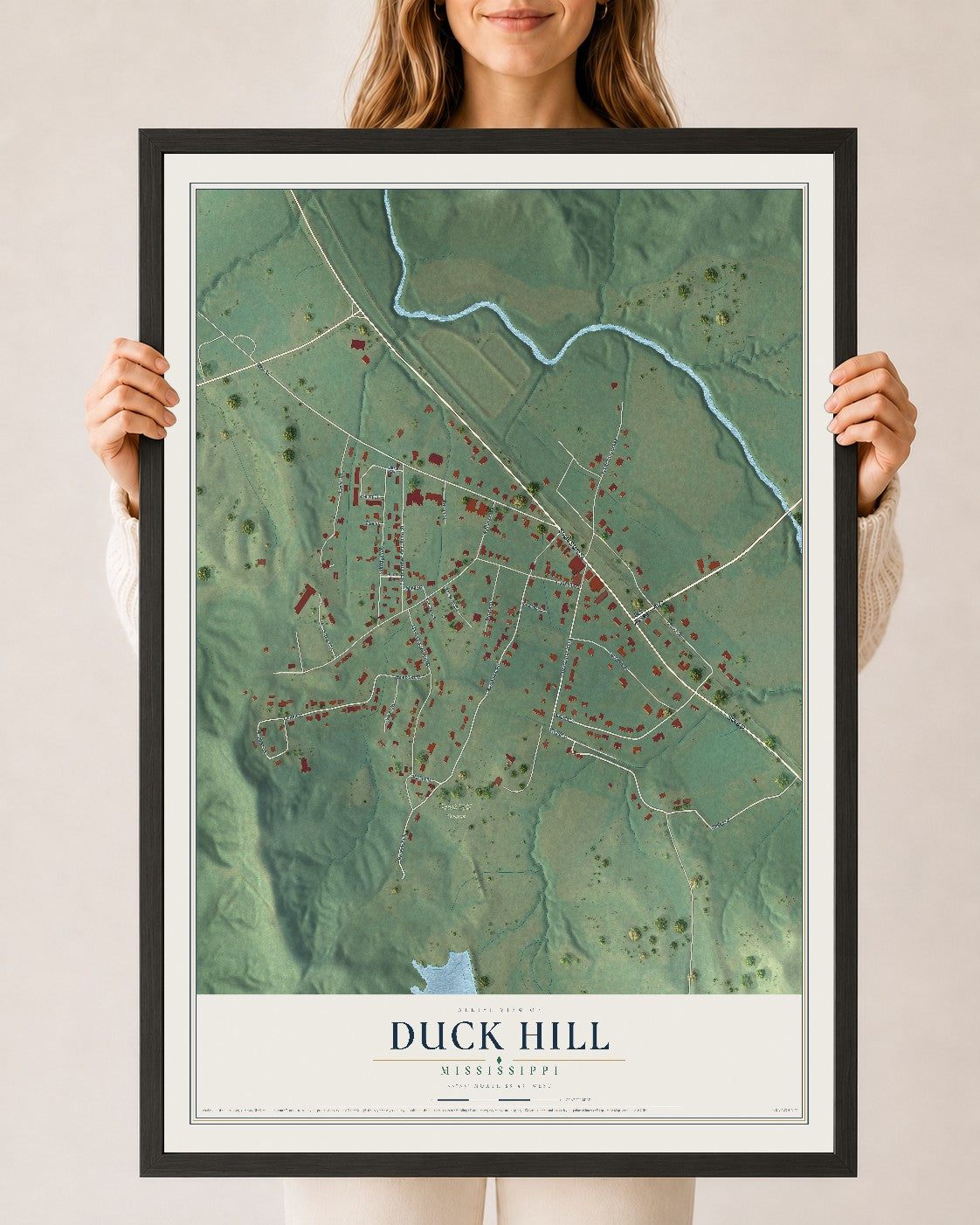 Map of Duck Hill, Mississippi, 24 x 36 inch print in a black wood frame