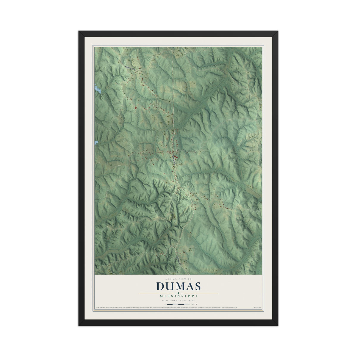 Map of Dumas, Mississippi, 12 x 18 inch print in a black wood frame