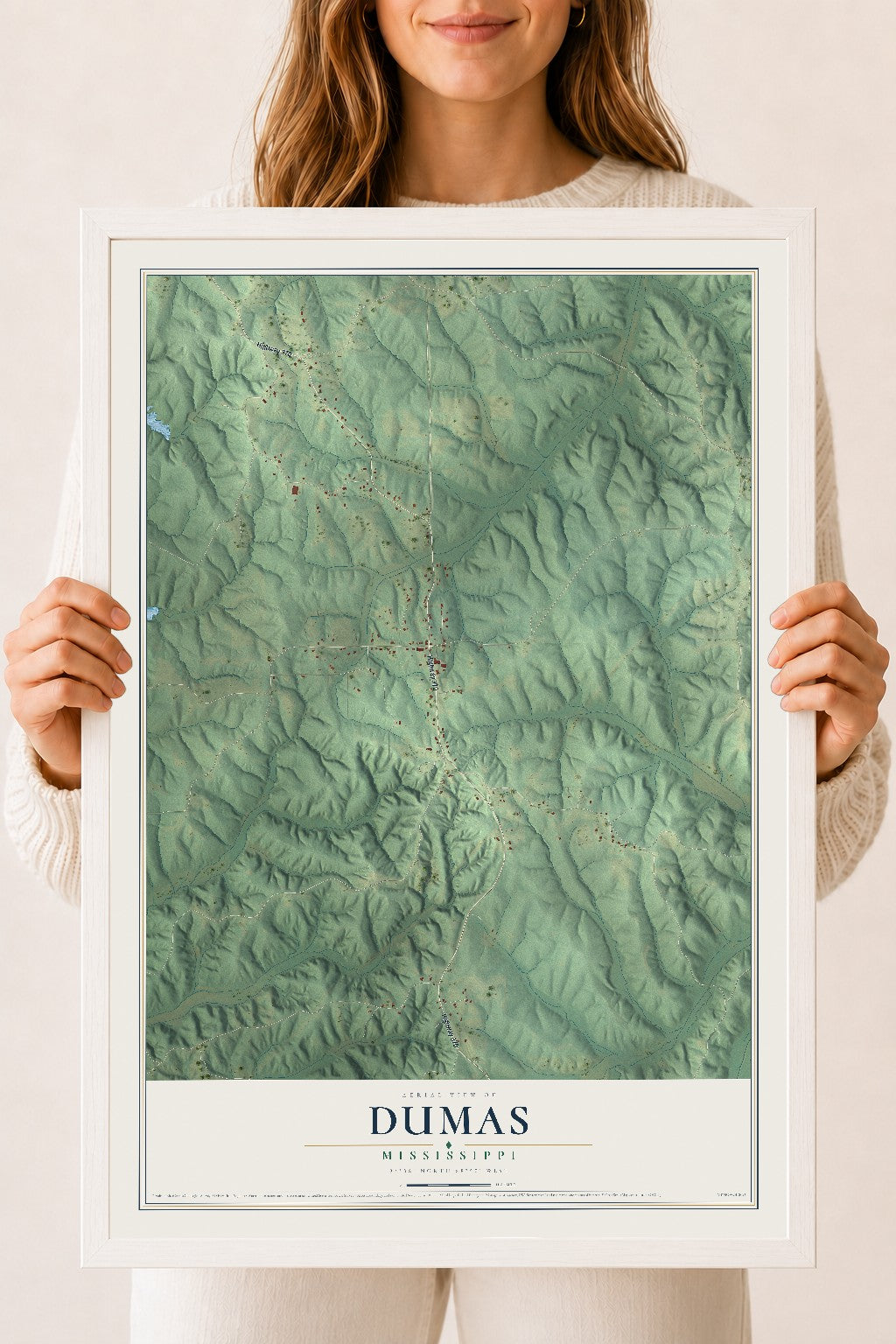 Map of Dumas, Mississippi, 18 x 24 inch print in a white wood frame