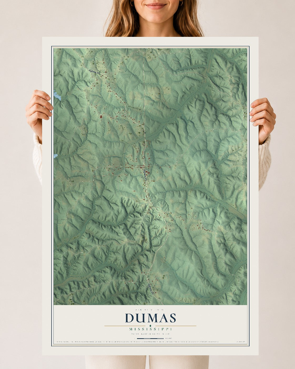 Map of Dumas, Mississippi, 24 x 36 inch unframed archival matte print