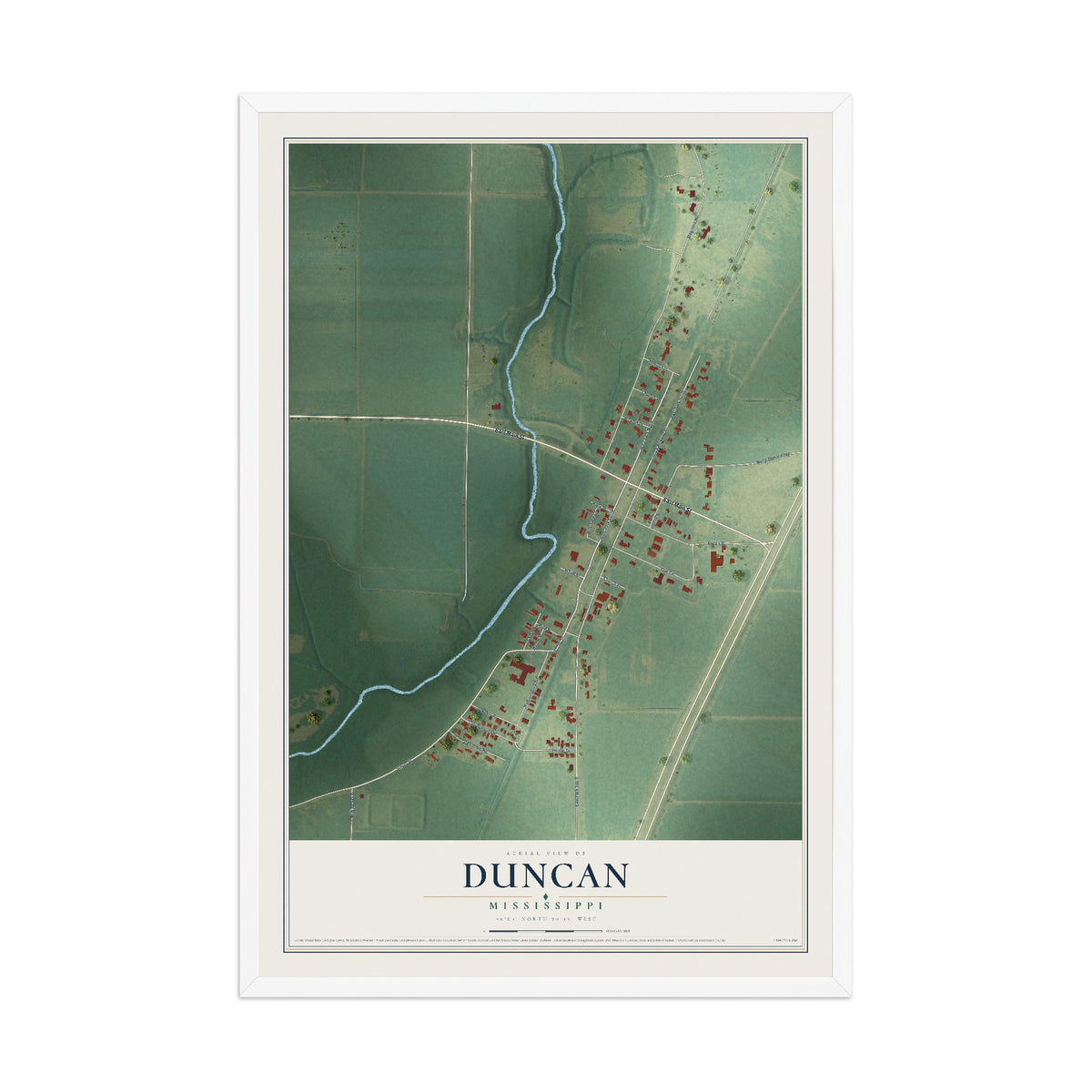 Map of Duncan, Mississippi, 12 x 18 inch print in a white wood frame