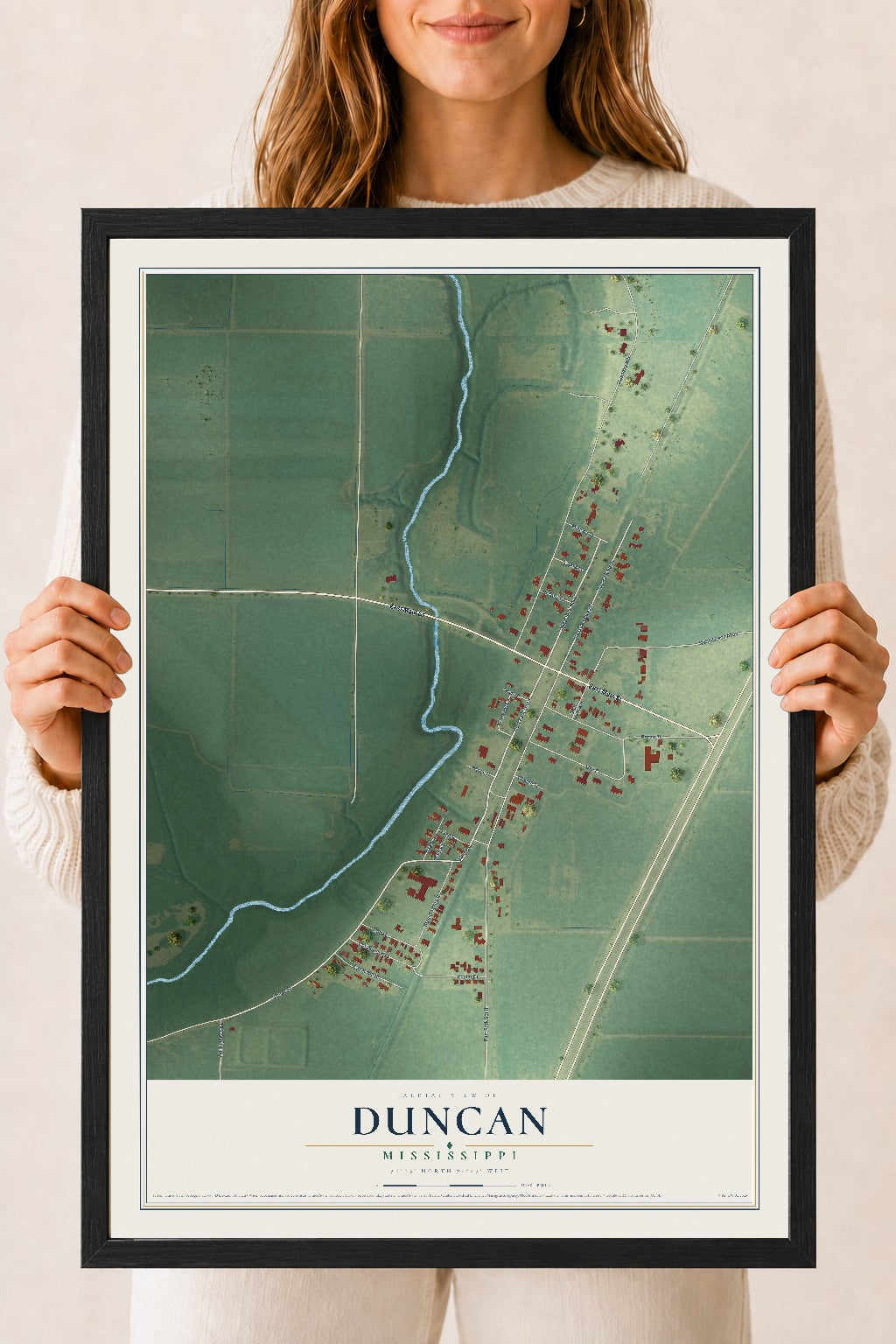 Map of Duncan, Mississippi, 18 x 24 inch print in a black wood frame