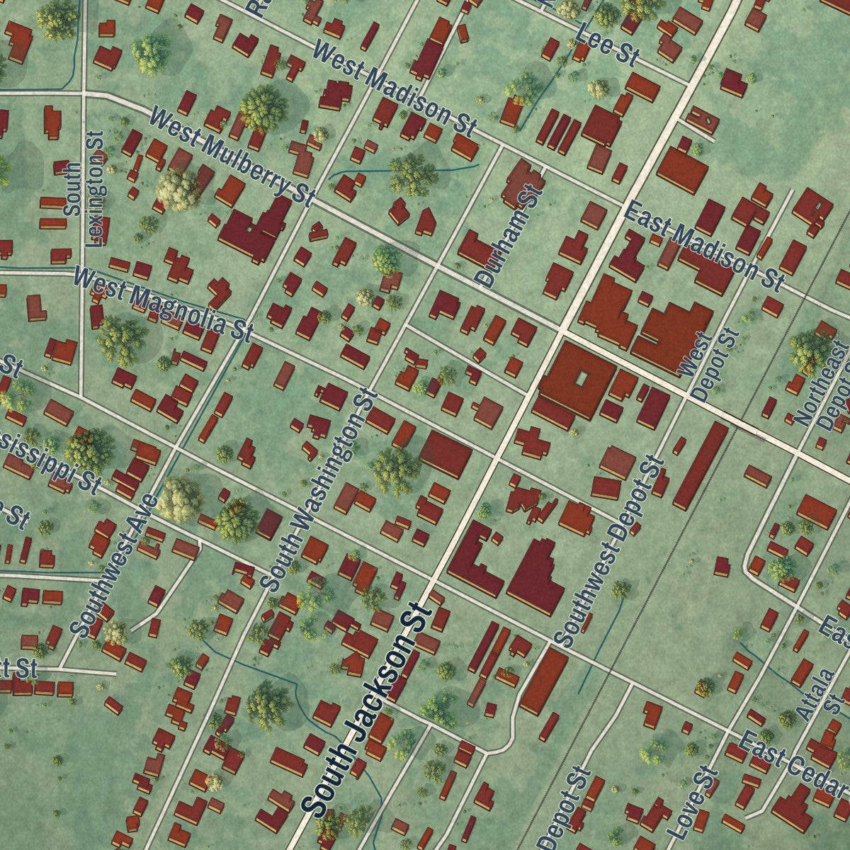 Close-up of the map of Durant, Mississippi print showing street and building detail