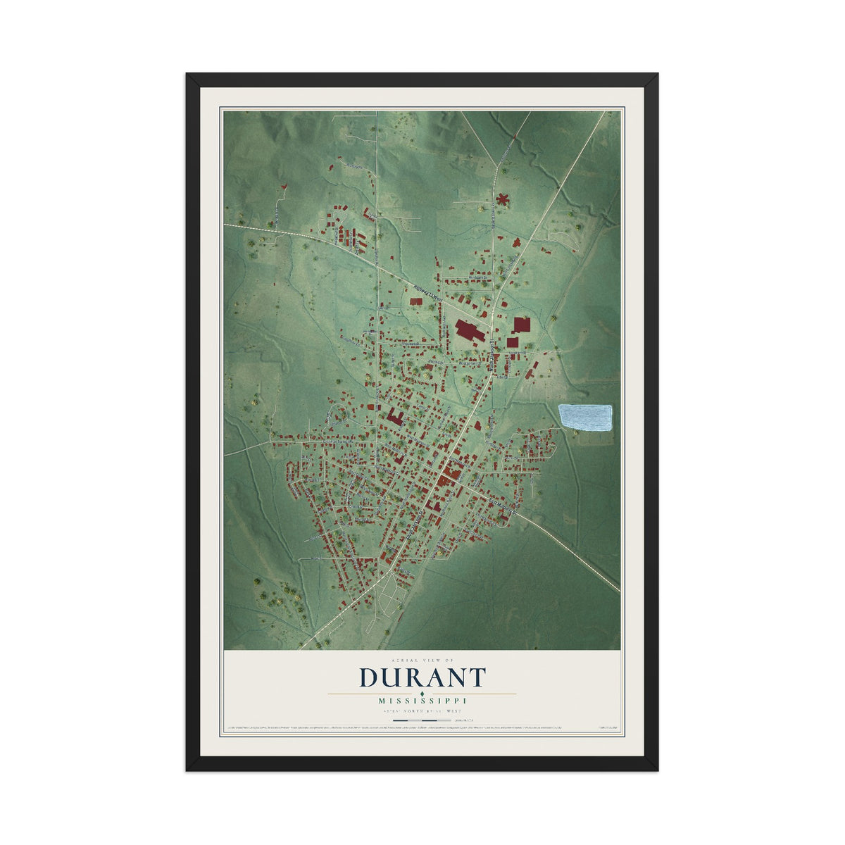 Map of Durant, Mississippi, 12 x 18 inch print in a black wood frame