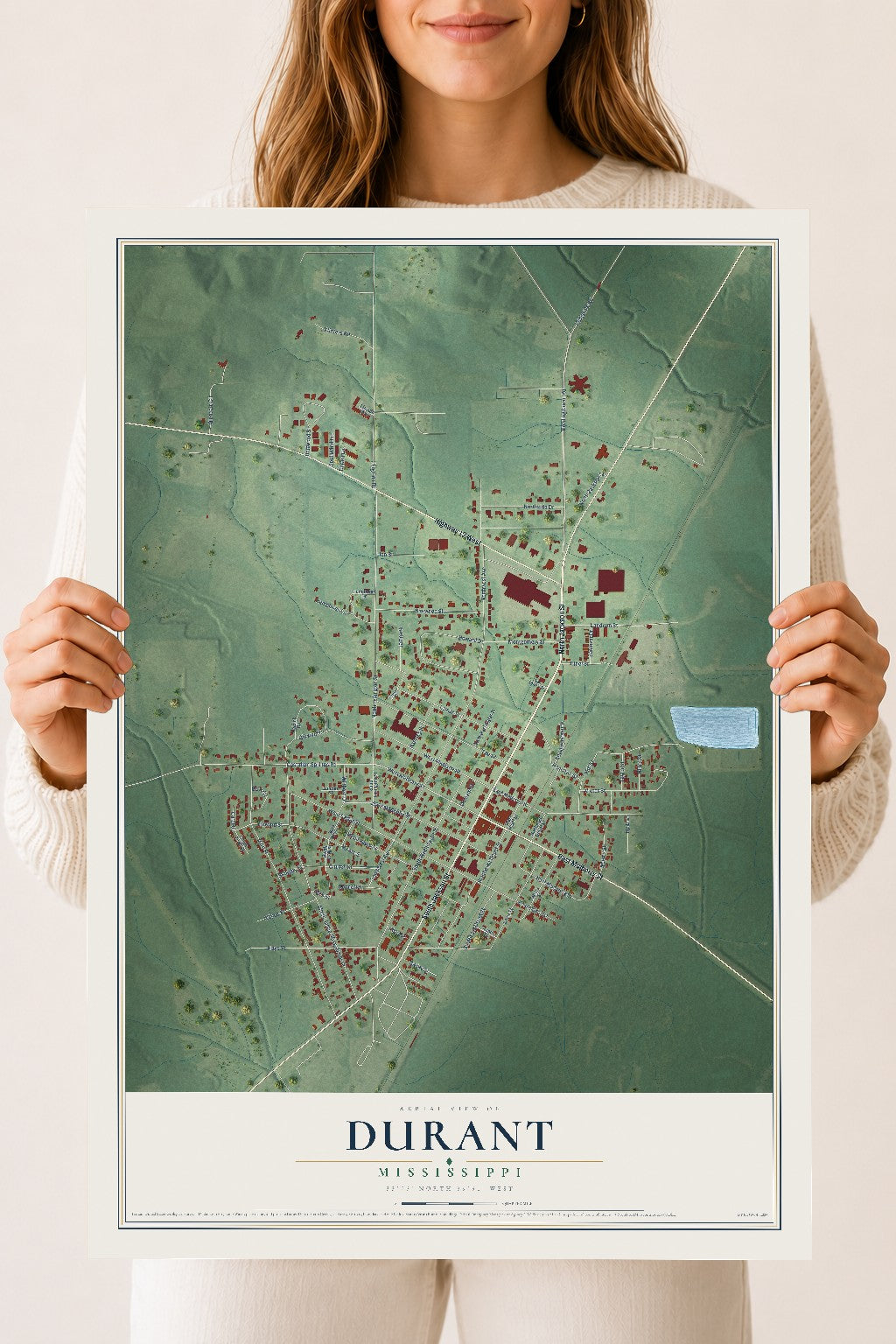 Map of Durant, Mississippi, 18 x 24 inch unframed archival matte print