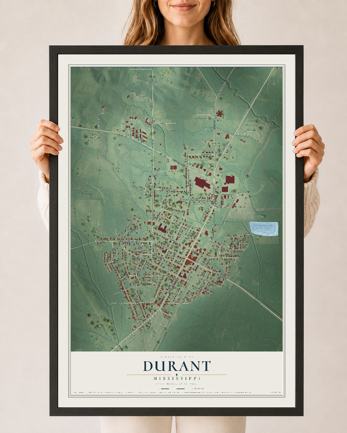Map of Durant, Mississippi, 24 x 36 inch print in a black wood frame