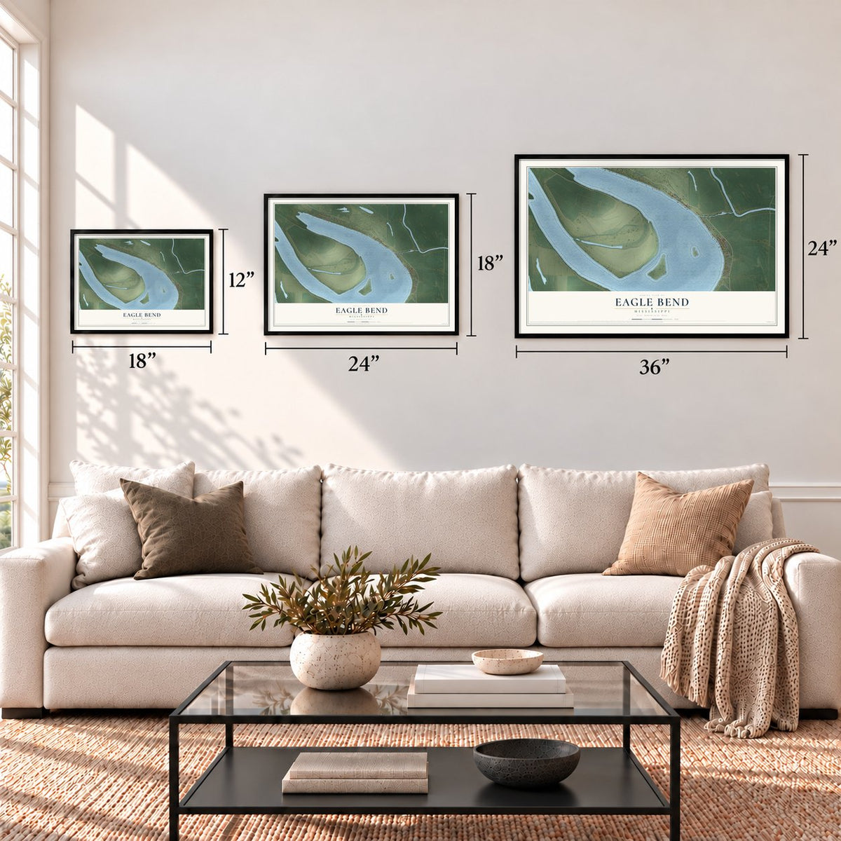 Eagle Bend, Mississippi map in 12 x 18, 18 x 24 and 24 x 36 inch sizes above a sofa