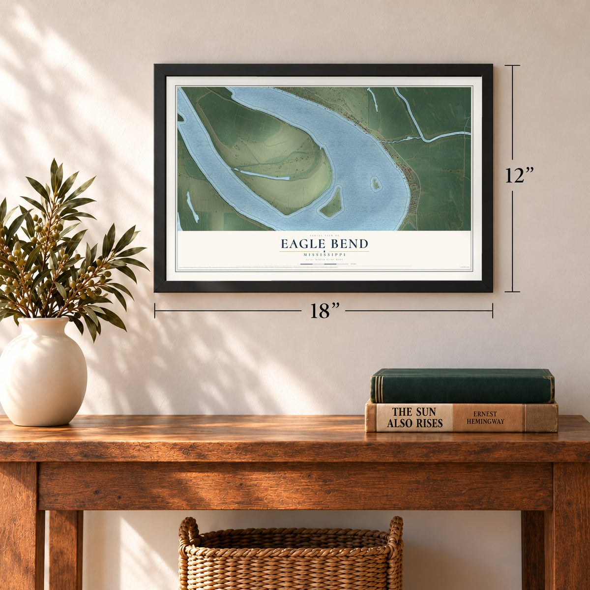 Eagle Bend, Mississippi map, 12 x 18 inch print in a black frame in an entryway