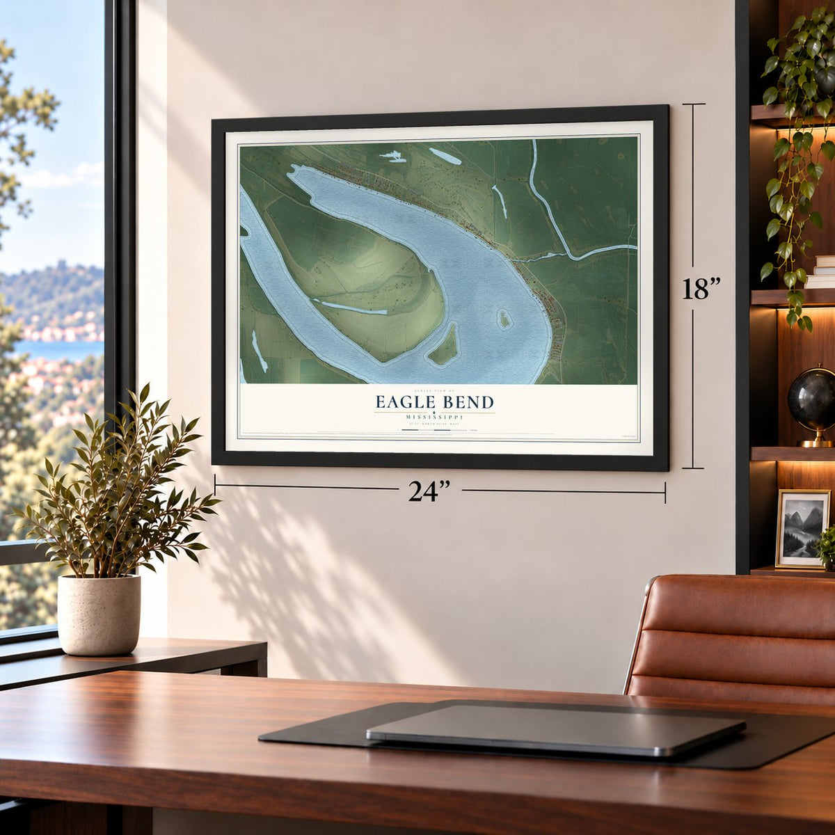 Eagle Bend, Mississippi map, 18 x 24 inch print in a black frame in a home office
