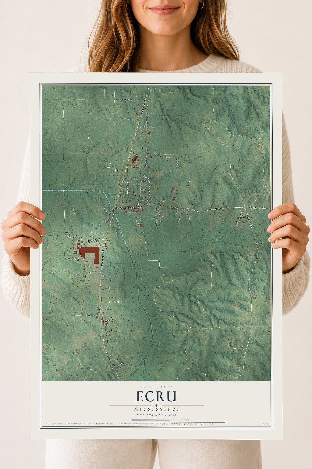 Map of Ecru, Mississippi, 18 x 24 inch unframed archival matte print