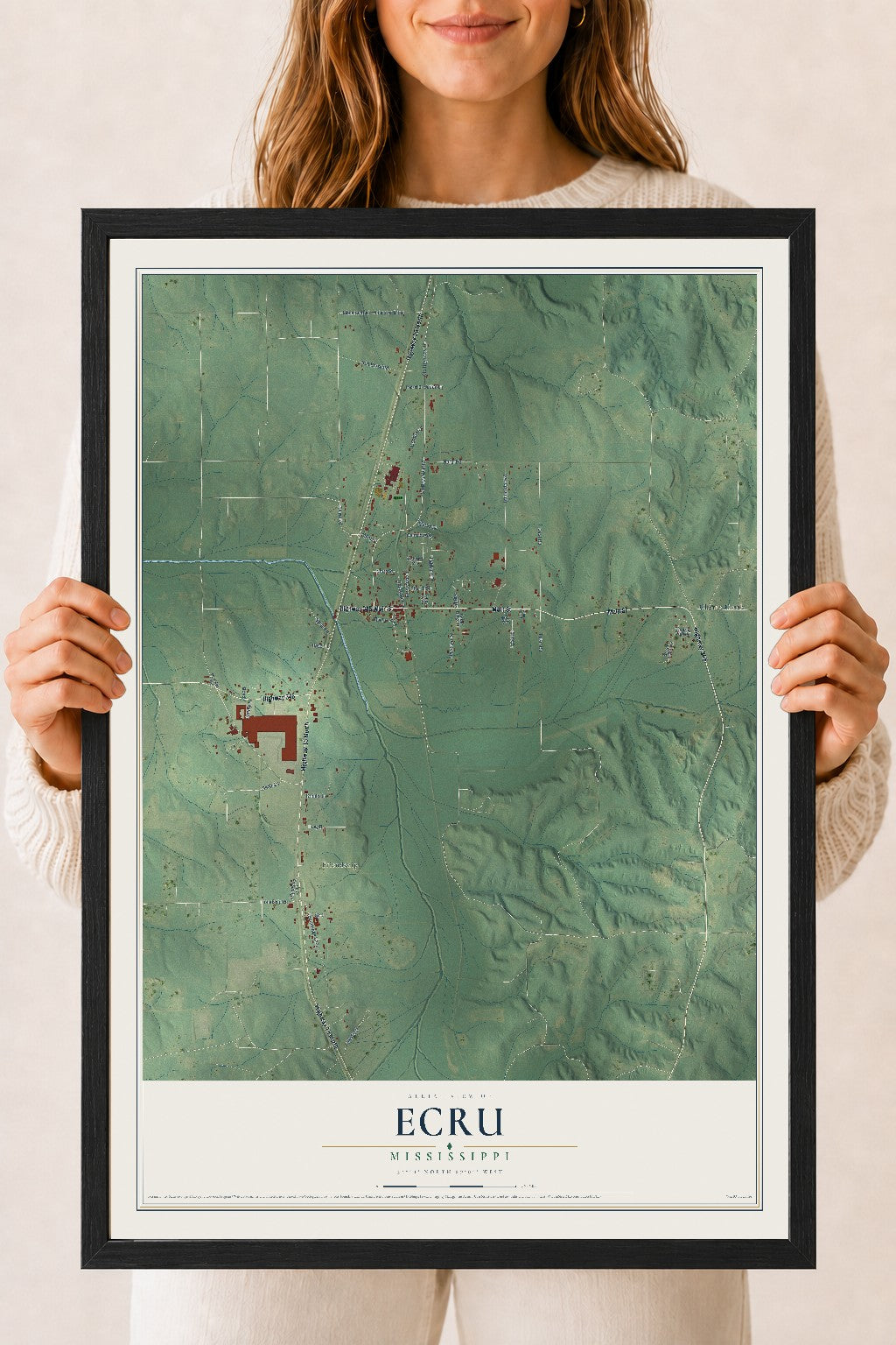Map of Ecru, Mississippi, 18 x 24 inch print in a black wood frame
