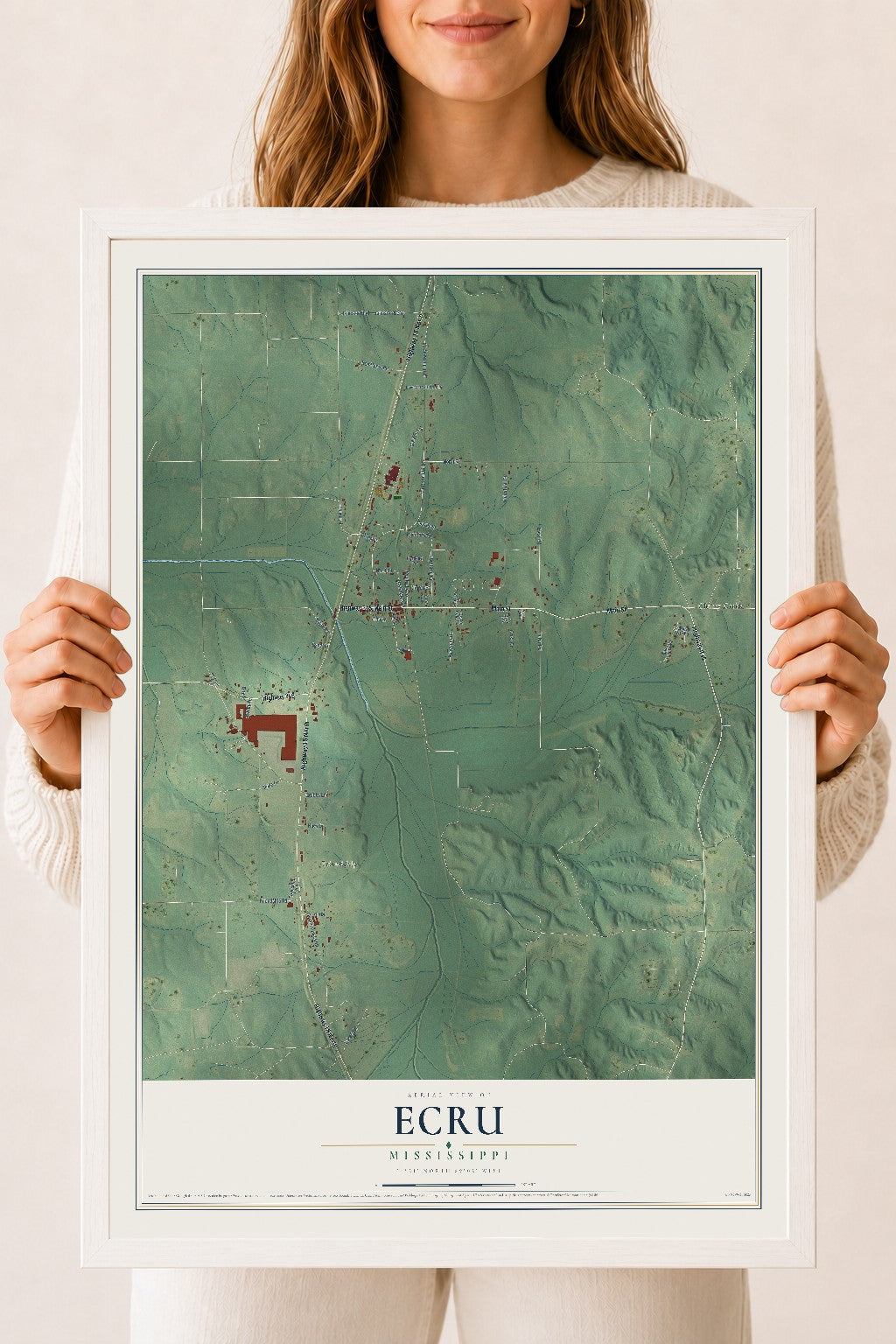 Map of Ecru, Mississippi, 18 x 24 inch print in a white wood frame