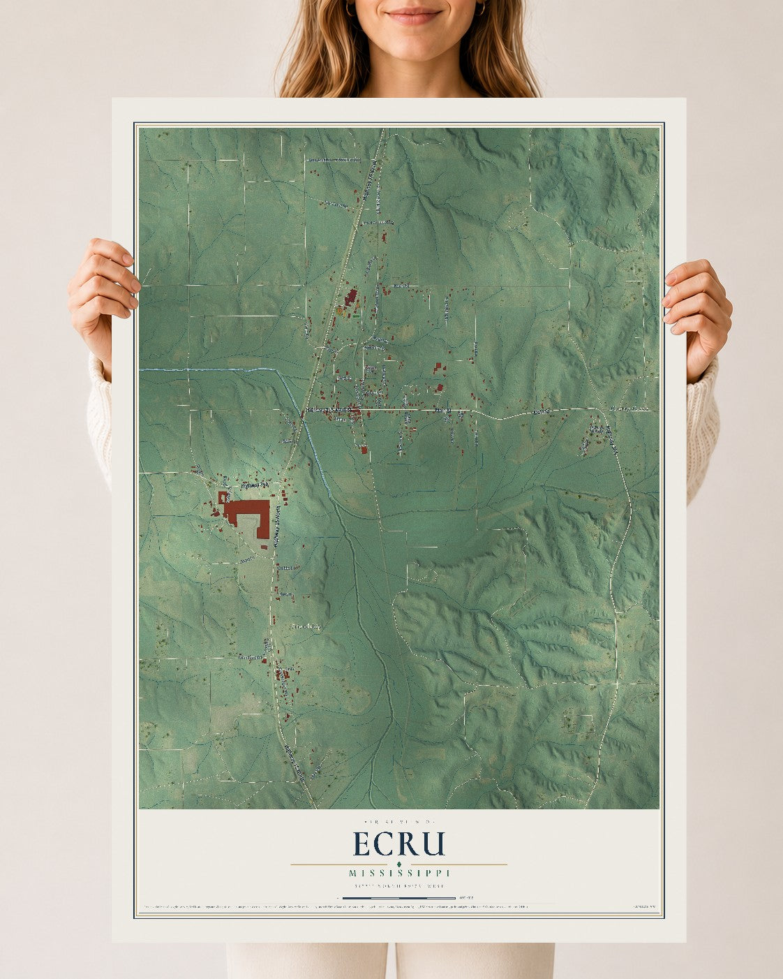 Map of Ecru, Mississippi, 24 x 36 inch unframed archival matte print