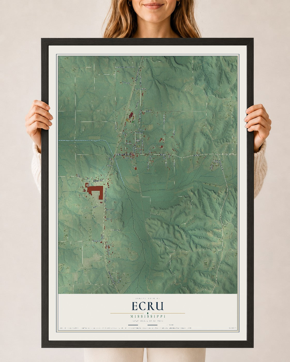 Map of Ecru, Mississippi, 24 x 36 inch print in a black wood frame