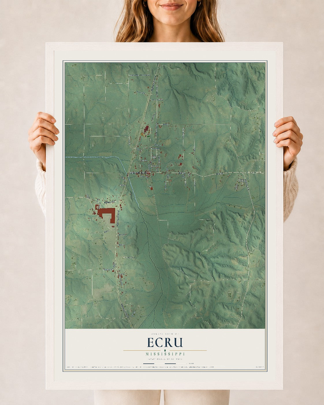 Map of Ecru, Mississippi, 24 x 36 inch print in a white wood frame