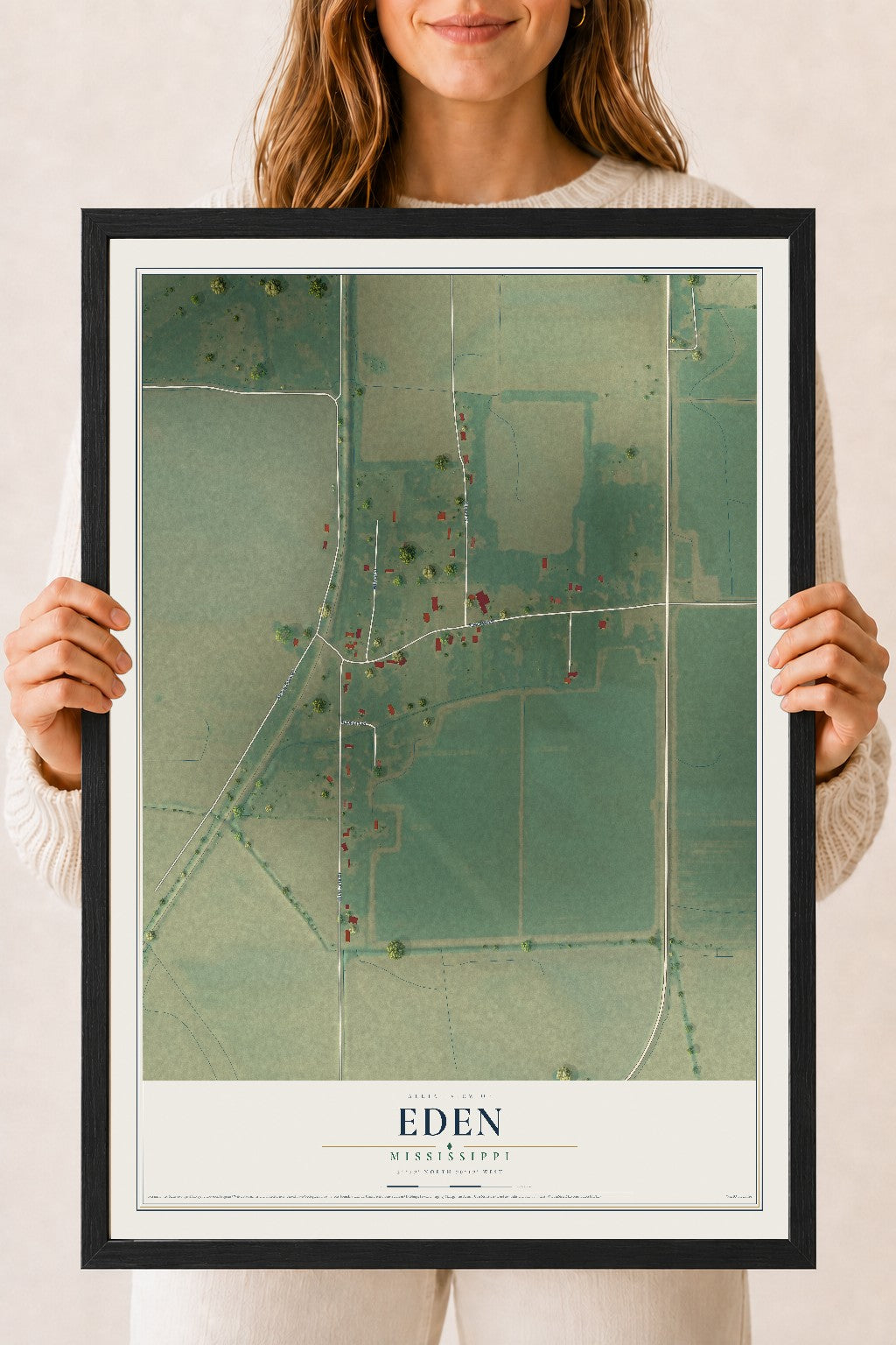 Map of Eden, Mississippi, 18 x 24 inch print in a black wood frame