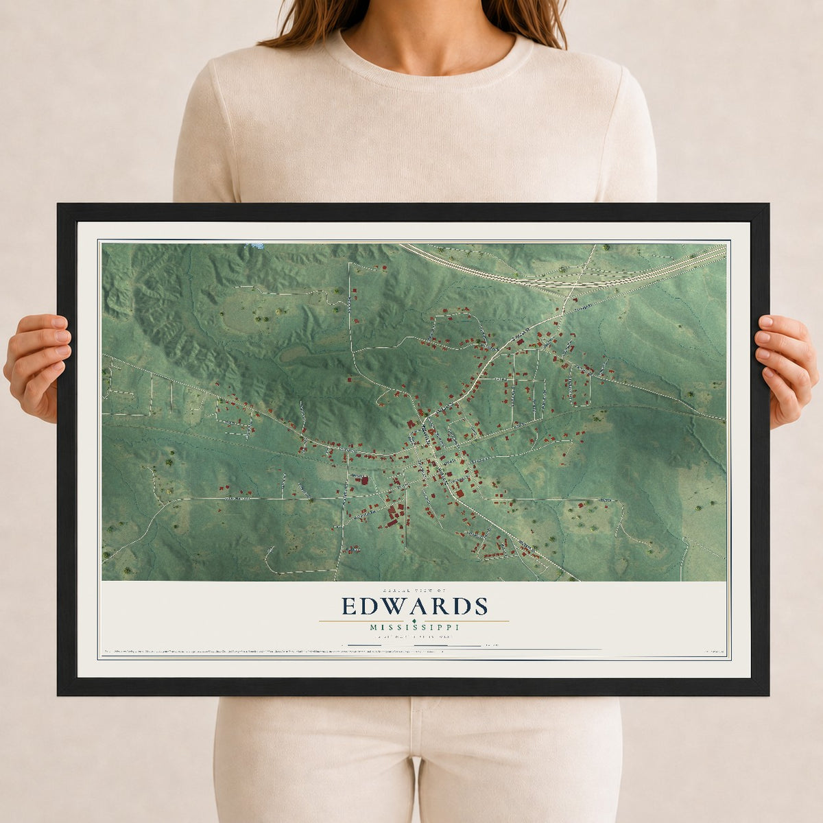 Map of Edwards, Mississippi, 12 x 18 inch print in a black wood frame