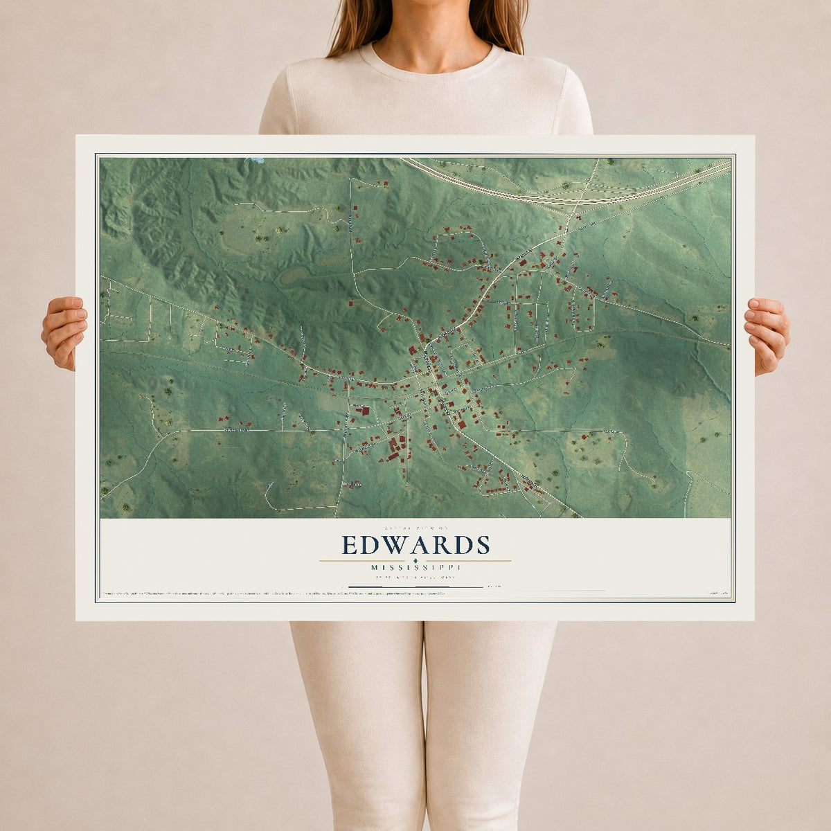 Map of Edwards, Mississippi, 24 x 36 inch unframed archival matte print