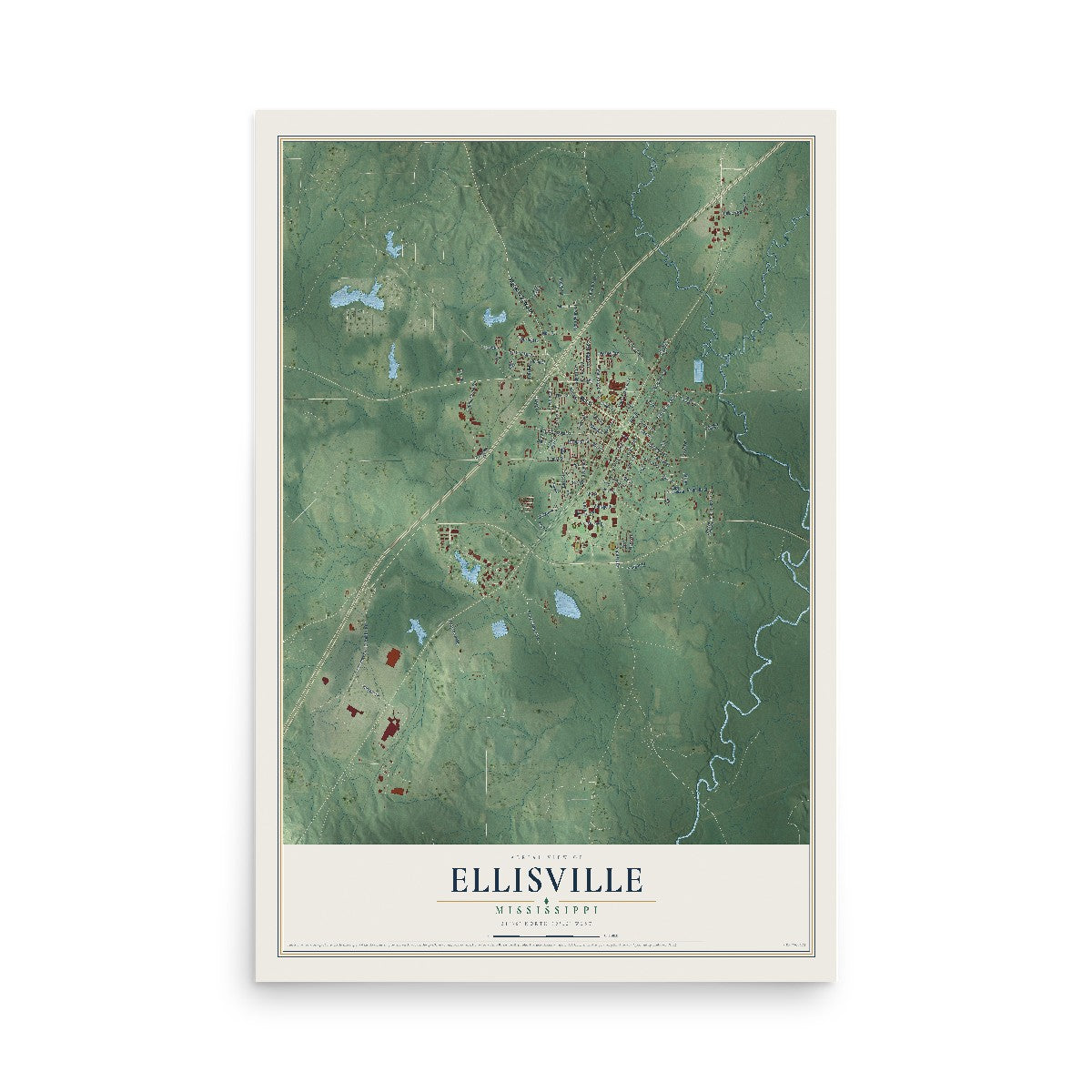 Map of Ellisville, Mississippi, 12 x 18 inch unframed archival matte print